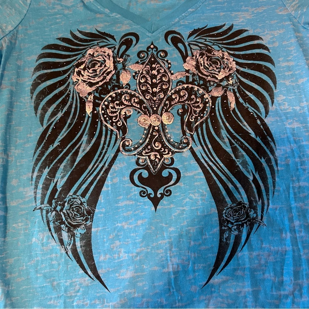🪽Y2K Prairie Rose Blue Angel Wing Burnout Graphic Tee Size L - Picture 3 of 4
